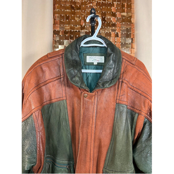 Vintage 80s Modango Brown & Green Leather Bomber Jacket w Shoulder Pads Size XL - Picture 4 of 17